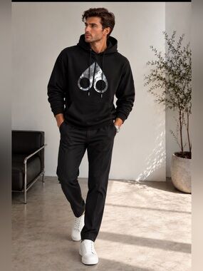 Moose Knuckles Men’s Black Hoodie with Reflective Silver Logo size M/L